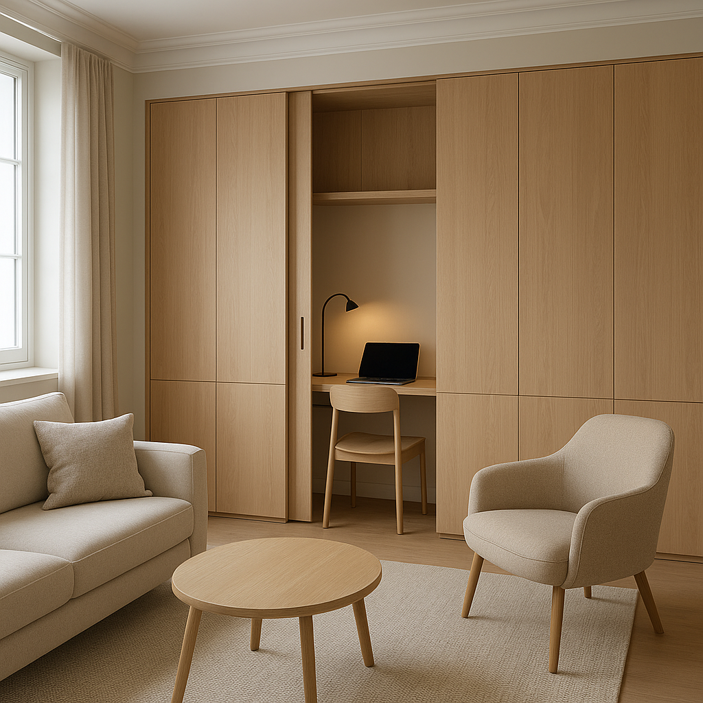 coin bureau discret intégré dans le salon avec rangement fermé