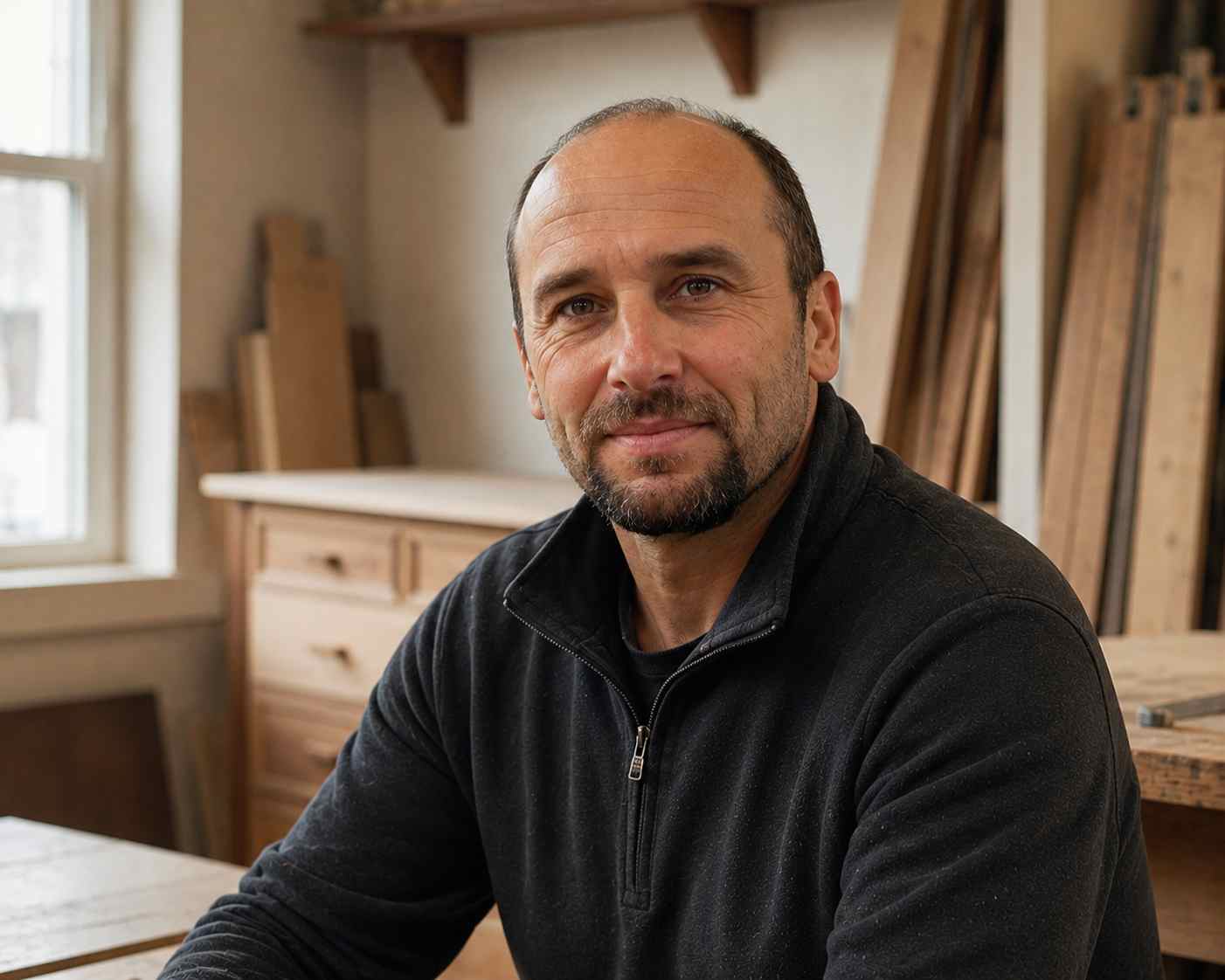 René, artisan ébéniste, travaille dans son atelier entouré de planches et de meubles en bois massif