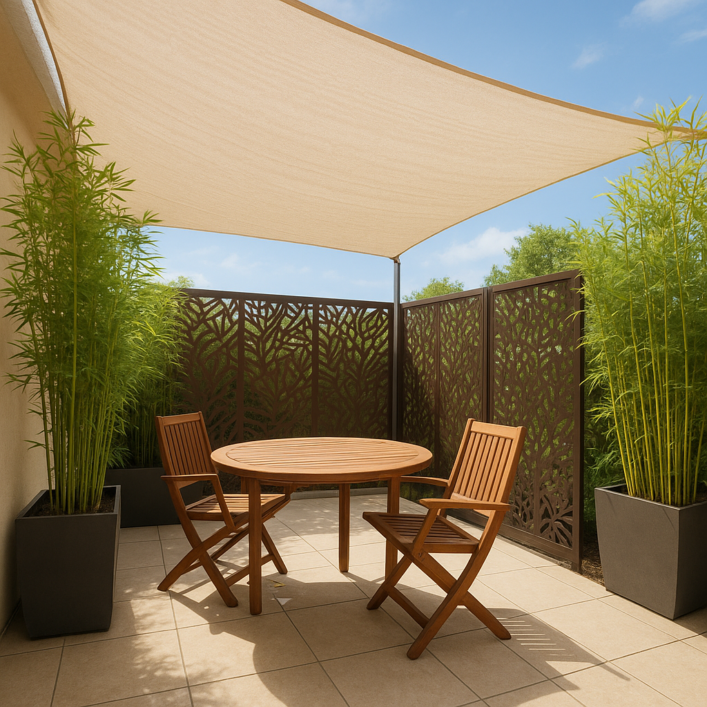 terrasse sans vis-à-vis : 15 idées simples et peu coûteuses pour se préserver des regards 3 terrasse protégée des regards avec voile d’ombrage, paravent et bambous en bac