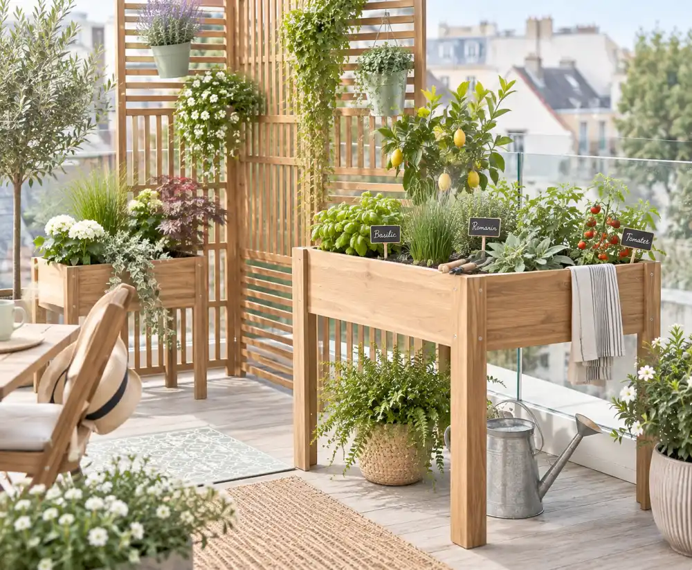 aménager un balcon en jardin : 8 idées déco pour en faire un vrai petit extérieur en 2026 3 balcon en bois avec jardinières surélevées contenant des herbes aromatiques, un citronnier fruitier et des plantes supplémentaires, vue sur un paysage urbain.