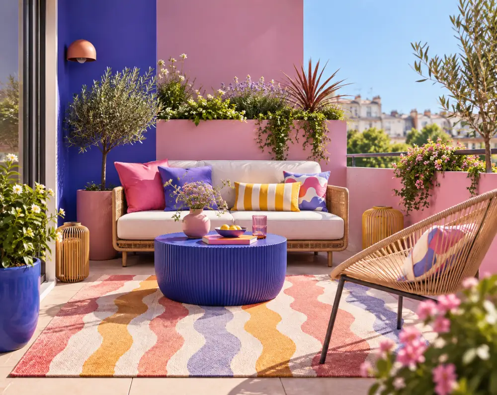 aménager un balcon en jardin : 8 idées déco pour en faire un vrai petit extérieur en 2026 2 balcon extérieur coloré avec canapé en rotin et coussins roses, violets et jaunes, table bleue et tapis à motifs ondulés, plantes en pots.