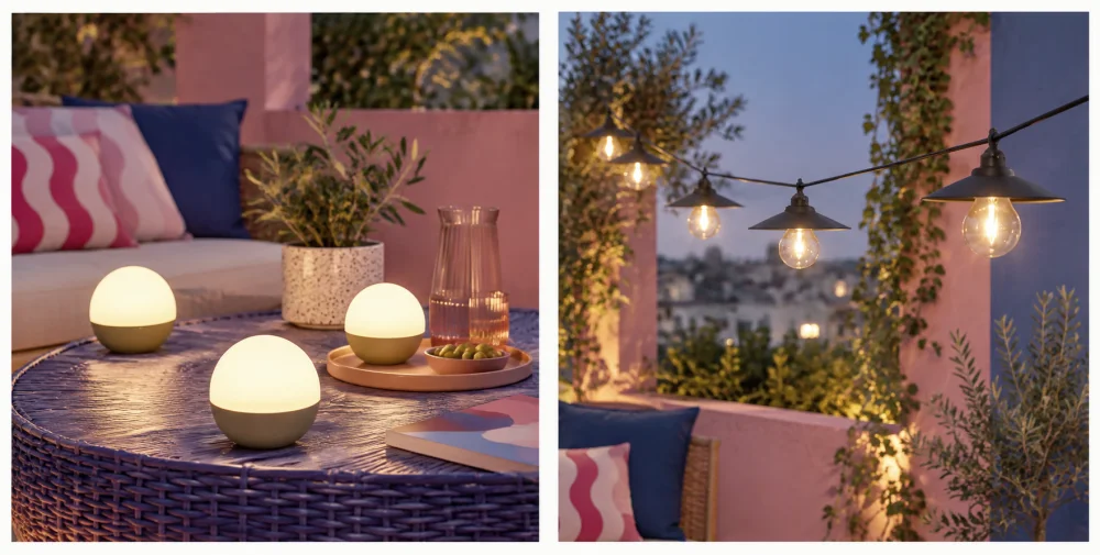 aménager un balcon en jardin : 8 idées déco pour en faire un vrai petit extérieur en 2026 4 balcon décoré avec table en rotin violet et lampes sphériques, coussins rose et bleu, plante en pot et guirlande lumineuse au crépuscule.