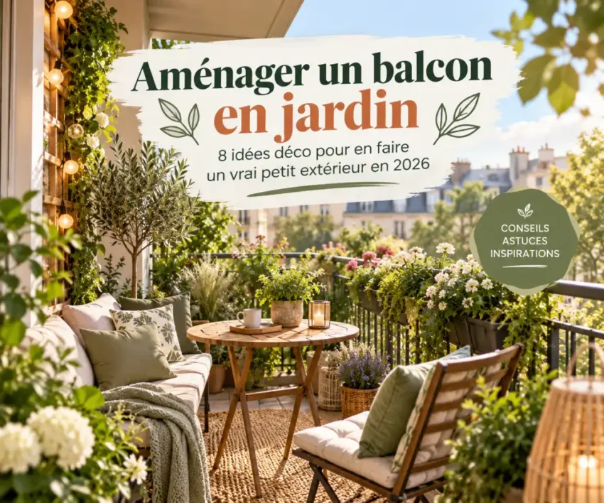 aménager un balcon en jardin : 8 idées déco pour en faire un vrai petit extérieur en 2026 1 balcon extérieur avec canapé et chaises en bois, table ronde, nombreux pots de fleurs et guirlande lumineuse, pancarte blanche au-dessus.