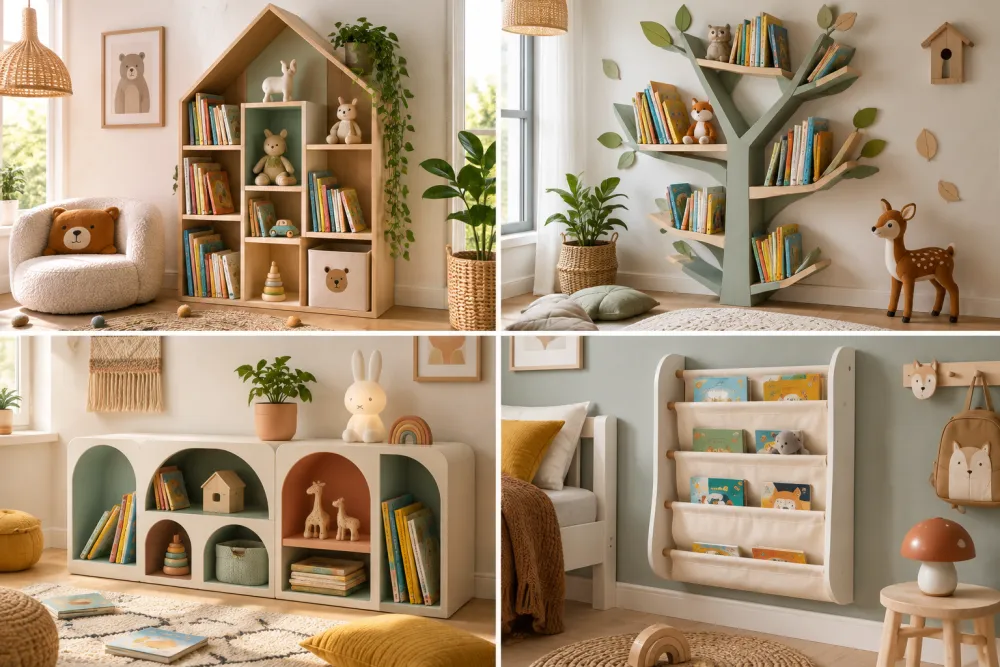 chambre d'enfant lumineuse avec étagères en bois clair en forme de maison et d'arbre, livres colorés et peluches, plantes