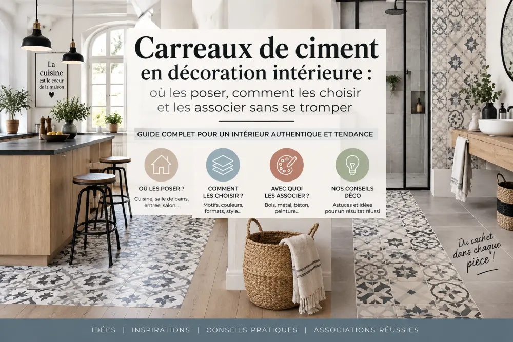 carreaux de ciment en décoration intérieure : où les poser, comment les choisir et les associer sans se tromper 4 vue d’ensemble d’une cuisine ouverte avec îlot en bois et tabourets noirs, surmontée d’une grande bannière blanche affichant texte sur les carreaux de ciment.