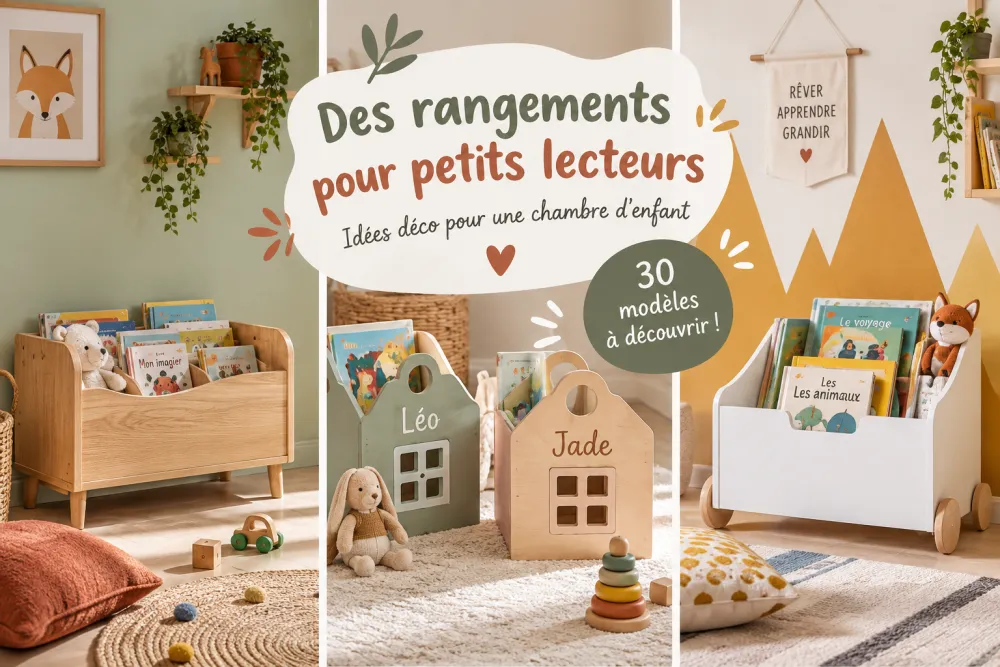 ensemble de rangements pour enfants: coffre en bois avec livres, maisons en bois et chariot blanc de livres