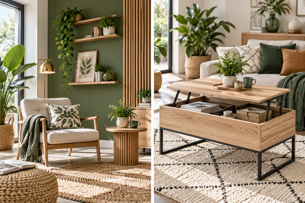 relooker son salon au printemps sans gros budget : 12 idées simples qui changent vraiment l’ambiance 2 coin salon lumineux en deux zones: à gauche chaise beige près d'un mur olive et étagères, à droite table basse releveable et canapé beige