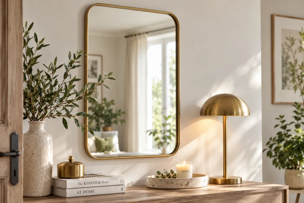 où trouver de jolis miroirs en laiton ? 12 idées pour choisir un modèle tendance et durable 3 grand miroir doré à cadre ovale au-dessus d'une console en bois, lampe en laiton, vase à feuillage et bougie sur plateau, lumière naturelle