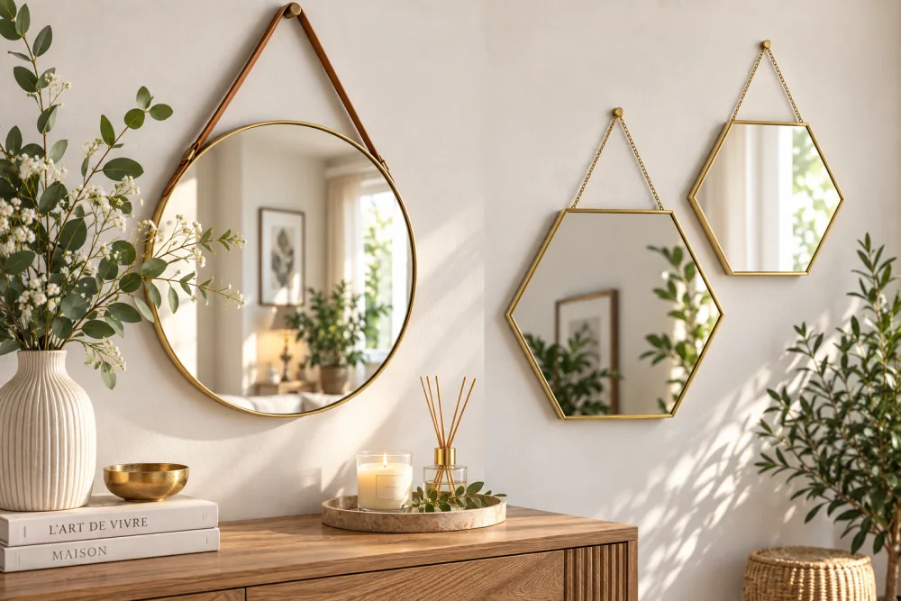 où trouver de jolis miroirs en laiton ? 12 idées pour choisir un modèle tendance et durable 2 grand miroir rond en laiton suspendu par une sangle de cuir, miroirs hexagonaux dorés et vase fleuri à gauche