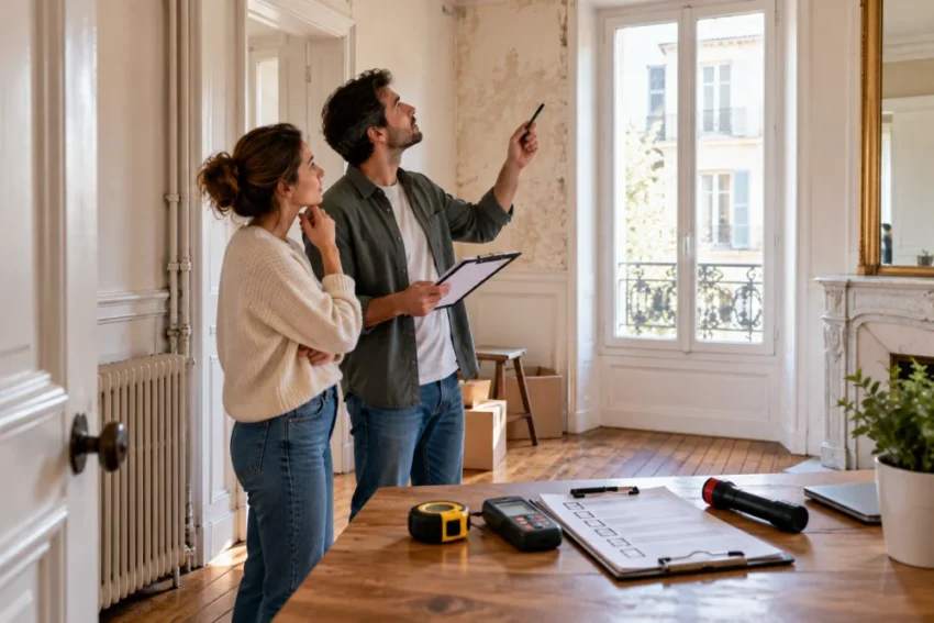 checklist avant d’emménager dans un logement ancien : les vérifications qui évitent les mauvaises surprises 1 deux adultes regardent un point sur le téléphone dans une pièce d'un logement ancien; boîtes et outils sur la table.