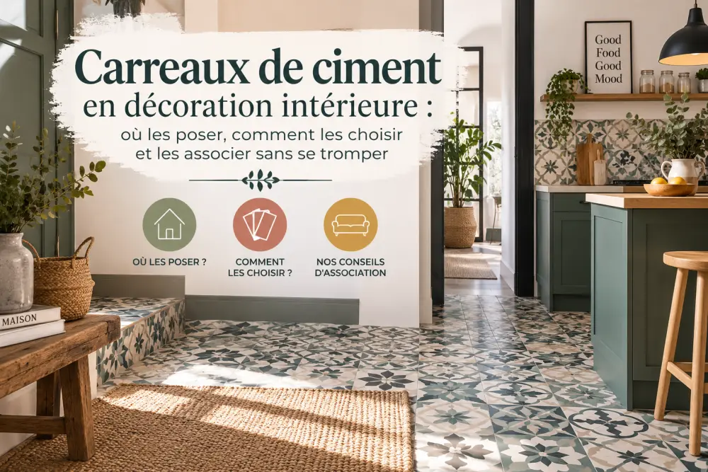 carreaux de ciment en décoration intérieure : où les poser, comment les choisir et les associer sans se tromper 3 plan ensemble montrant une cuisine ouverte avec sol carreaux ciment bleu et blanc, murs blancs, meubles verts et cadre mural good food good mood.