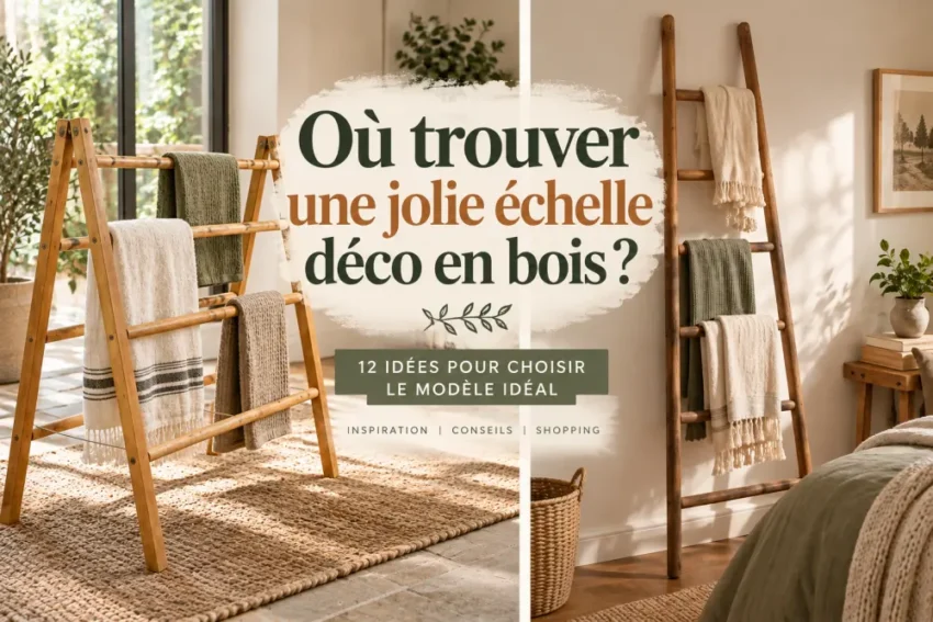 où trouver une jolie échelle déco en bois ? 1 deux échelles en bois flanquent le mur, plaids drapés; au centre, texte lisible affichant phrase 'où trouver une jolie échelle déco en bois ?'.