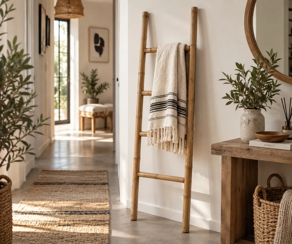 échelle en bois appuyée contre un mur blanc, drapée d'une serviette crème à rayures noires; table rustique avec vase et feuillage