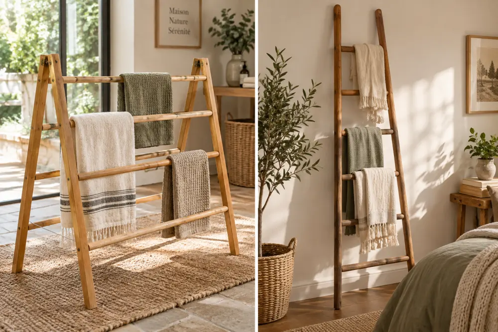 deux vues d'une echelle en bois decorative servant de support a des serviettes dans une chambre lumineuse; cadre lisible maison nature serenite et plante