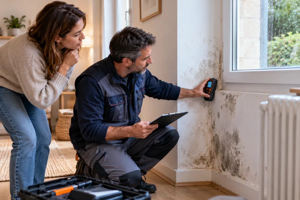 maison qui sent l’humidité après la pluie : causes réelles, diagnostic rapide et solutions durables 2 homme en vetement de travail agenouille mesure lhumidite d un mur avec un humidimetre, tandis qu une femme observe
