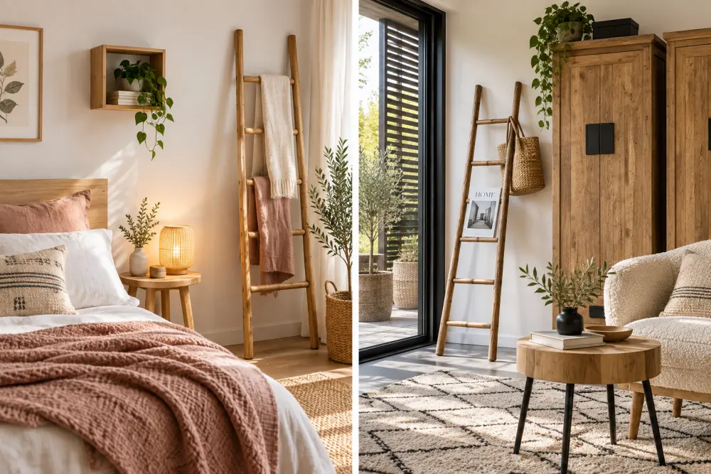 vue claire d'un espace interieur avec deux echelles en bois decoratives, lit a gauche, lampe sur table et plantes vertes