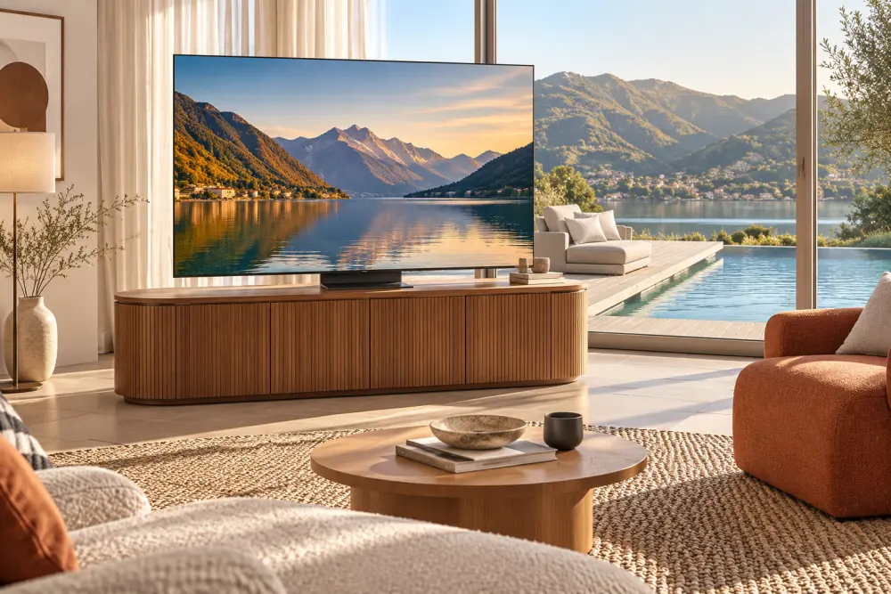 relooker son salon au printemps sans gros budget : 12 idées simples qui changent vraiment l’ambiance 4 salon moderne avec canapé orange et beige, table basse ronde, grande télévision sur meuble en bois, baie vitrée donnant sur lac et montagnes.