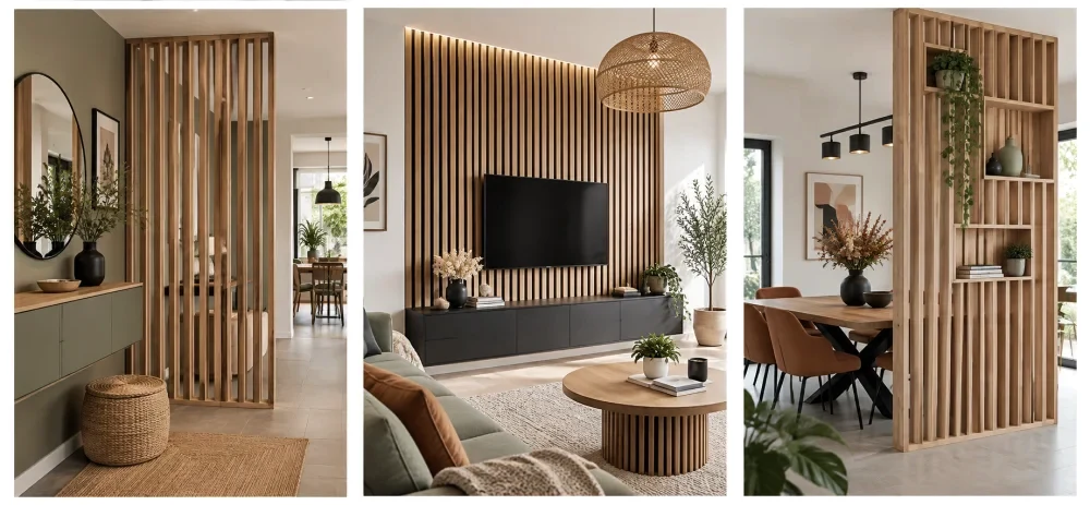 tasseaux de bois en décoration intérieure : 15 idées faciles pour structurer, réchauffer et moderniser une pièce 2 salon moderne avec mur bois vertical entourant la television et meuble sombre; a droite, salle a manger separée par cloison en lattes et plantes