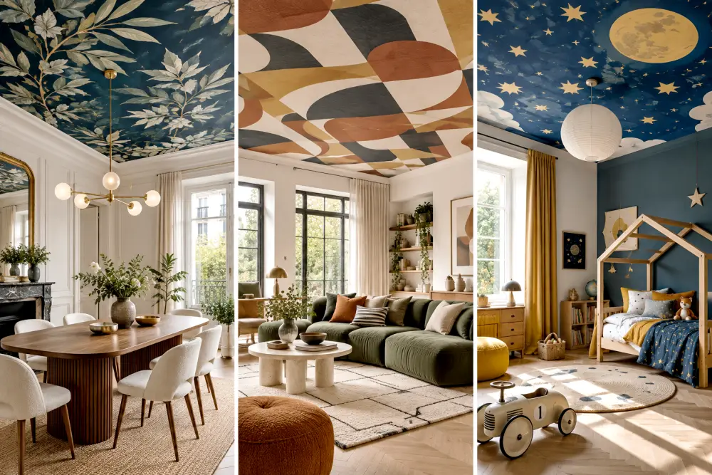 papier peint au plafond : idées de motifs, pièces adaptées et méthode de pose 2 image montrant trois espaces intérieurs: salle a manger, salon cosy et chambre d'enfant, chacun avec un plafond peint et des couleurs bleu et vert