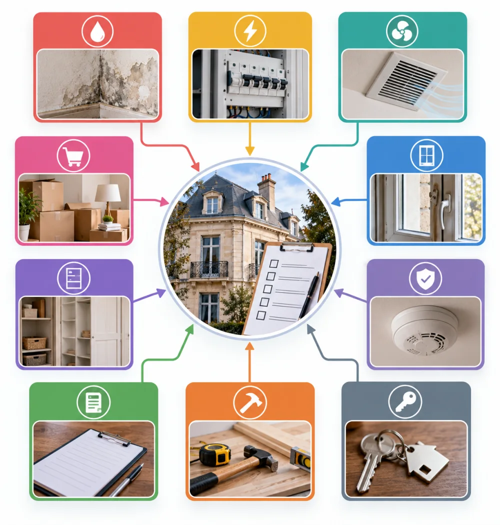 centre une maison ancienne avec carnet et crayon entouree de vignettes colorees montrant des verifications domestiques et outils