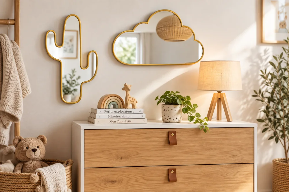 où trouver de jolis miroirs en laiton ? 12 idées pour choisir un modèle tendance et durable 4 intérieur chaleureux: commode blanche et boisée, miroir doré en forme de nuage, lampe bois, plante et ours en peluche dans un panier.
