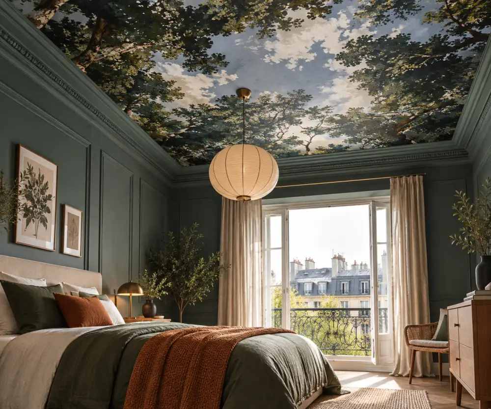 papier peint au plafond : idées de motifs, pièces adaptées et méthode de pose 3 chambre au mur bleu-vert et au plafond imprimé ciel et arbres, lit confortable avec coussins verts et orange, porte-fenetre ouverte sur balcon urbain.