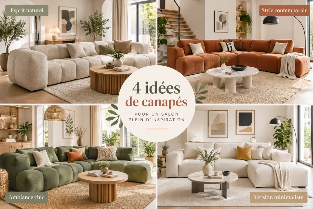 quatre canapés de styles variés dans un salon lumineux: beige clair, orange, vert olive et blanc, entourés de plantes et meubles.