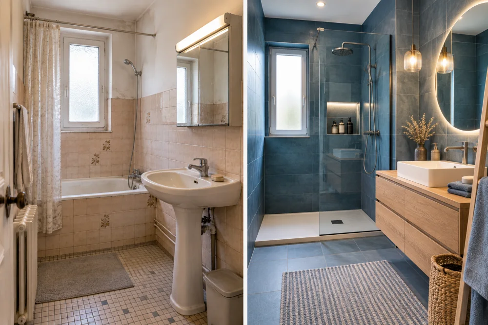 rénovation d’une salle de bain ancienne : les 10 erreurs qui coûtent cher après coup 2 image divisée montrant une salle de bain ancienne avec baignoire et lavabo beige, et une salle rénovée bleue avec douche et meuble bois