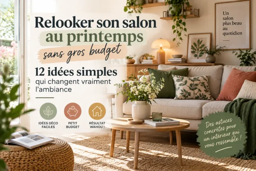 relooker son salon au printemps sans gros budget : 12 idées simples qui changent vraiment l’ambiance 1 un salon lumineux avec canape beige, coussins verts et ecru, table basse ronde en bois, plantes et cadres sur le mur