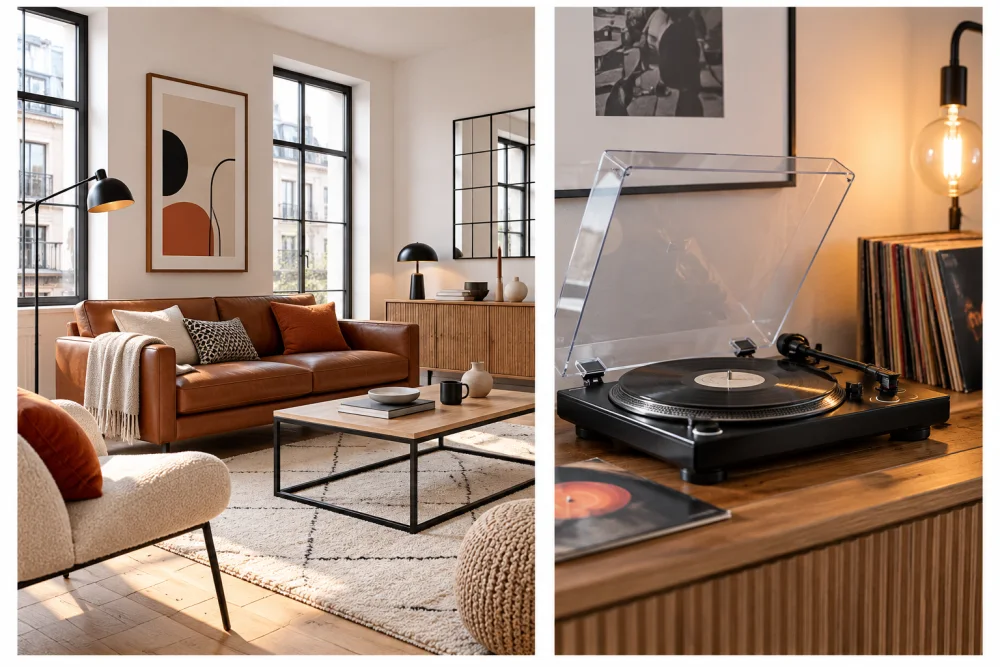 relooker son salon au printemps sans gros budget : 12 idées simples qui changent vraiment l’ambiance 3 salon lumineux avec canapé cuir brun, tapis clair et grandes fenêtres; à droite platine vinyle et vinyles sur meuble en bois.