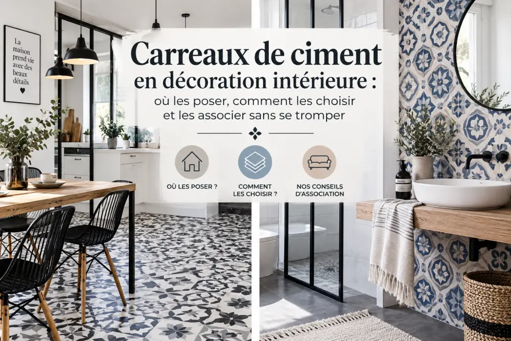 carreaux de ciment en décoration intérieure : où les poser, comment les choisir et les associer sans se tromper 2 coin repas avec table en bois et chaises noires, lampes pendantes; lavabo sur meuble et carrelage bleu et blanc motifs ciment