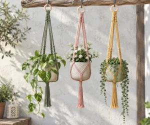 aménager un balcon en jardin : 8 idées déco pour en faire un vrai petit extérieur en 2026 5 trois suspensions macrame colorées portent des pots; à gauche une plante à feuilles vertes, au centre une fleur blanche, à droite une plante traînante.