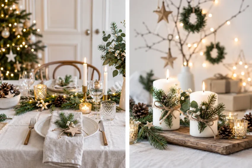 décorer pour noël sans sapin : 15 idées simples pour créer une ambiance festive chez soi 1 vue en diptyque d'une table de noël décorée avec verdure, chandelles et pommes de pin, et gros plan sur les bougies à droite.