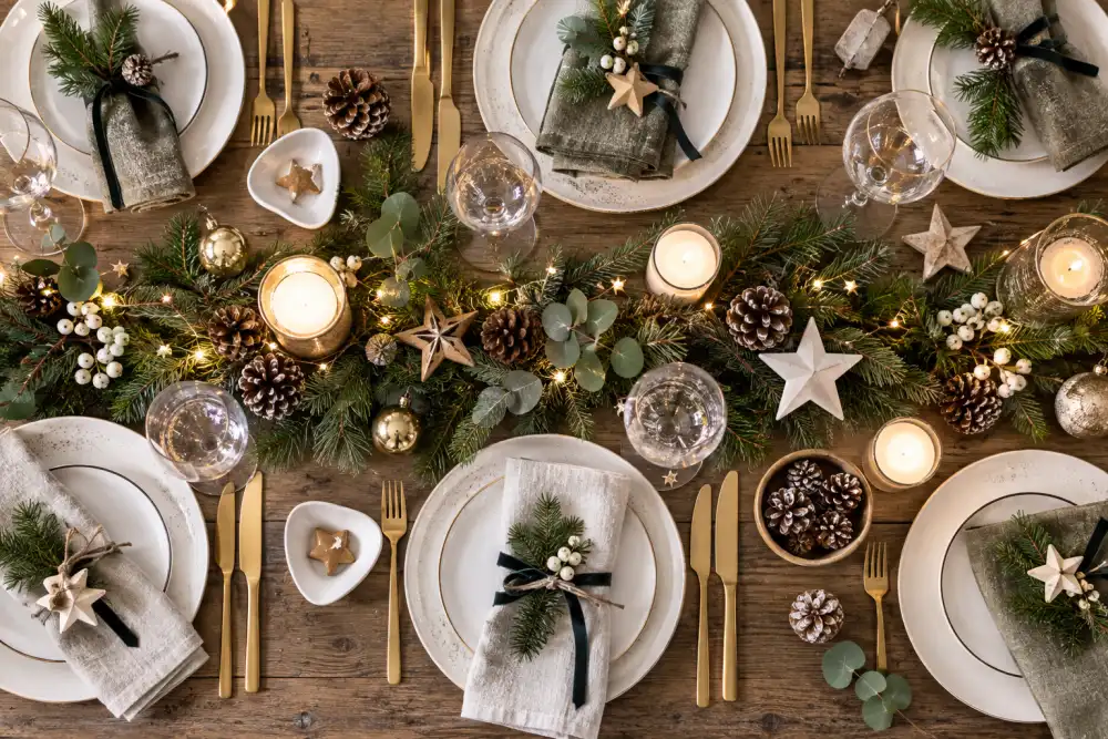 décorer pour noël sans sapin : 15 idées simples pour créer une ambiance festive chez soi 3 vue plongeante d'une table en bois ornée pour noël: guirlande verte, pommes de pin, bougies, assiettes blanches et serviettes gris avec ruban noir
