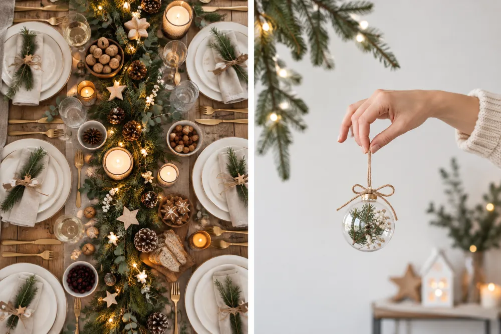 décorer pour noël sans sapin : 15 idées simples pour créer une ambiance festive chez soi 2 vue plongeante d une table de noel avec guirlande centrale lumineuse, assiettes blanches et bougies; à droite une main tient un ornement en verre.