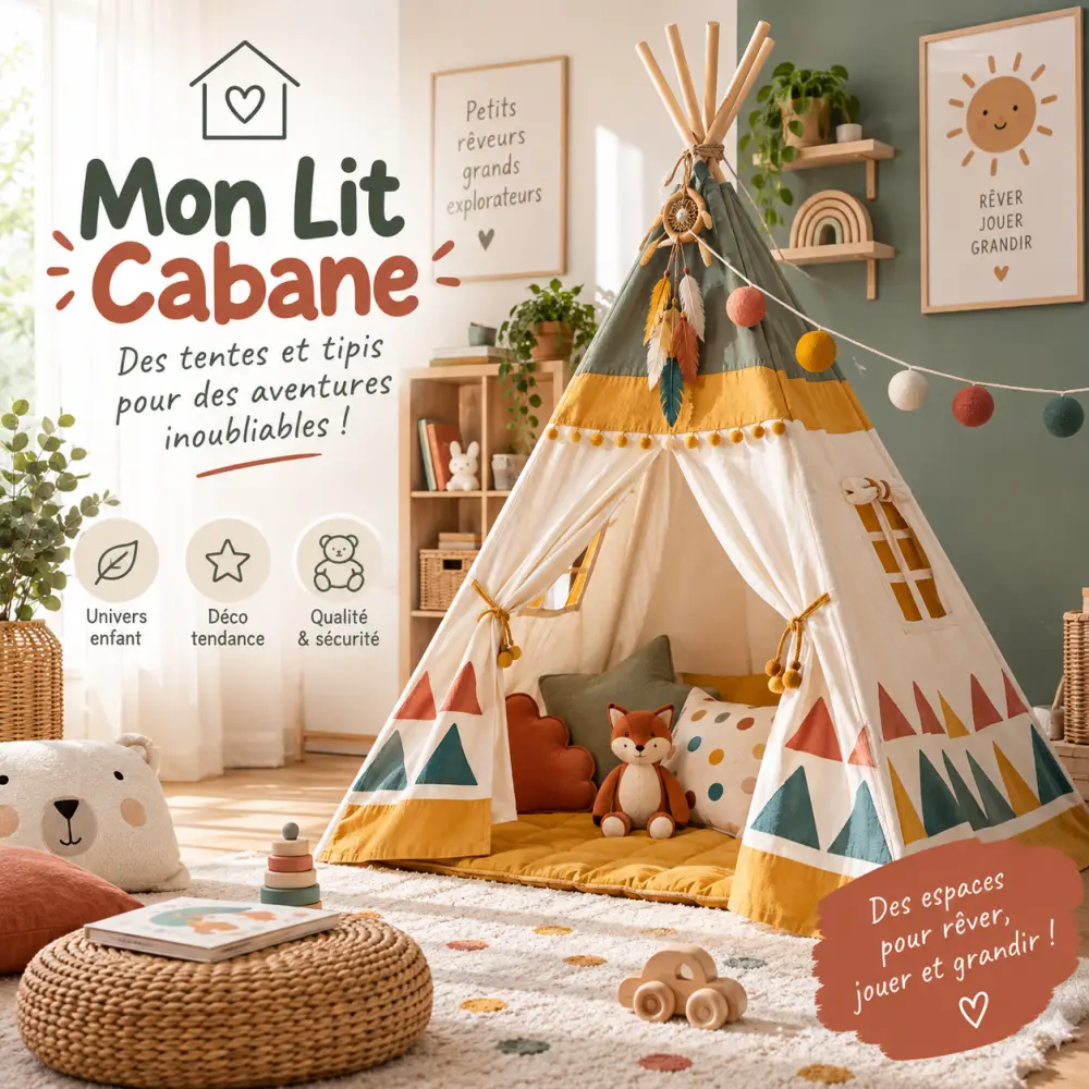 lit cabane montessori : comment bien le choisir pour une chambre d’enfant à la fois douce, pratique et évolutive 2 un tipi cabane coloré sur un tapis clair, près d'un mur avec le texte mon lit cabane.