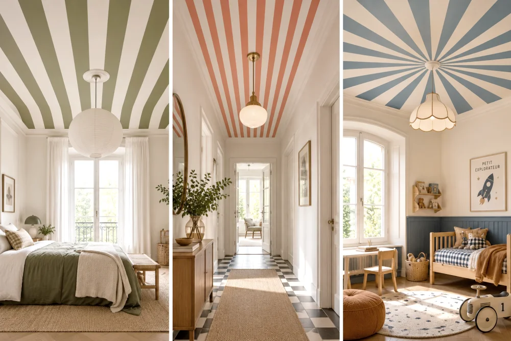 papier peint au plafond : idées de motifs, pièces adaptées et méthode de pose 4 triptyque montrant trois plafonds rayés: vert et blanc dans une chambre, rose dans le couloir et bleu rayonnant dans une chambre d'enfant