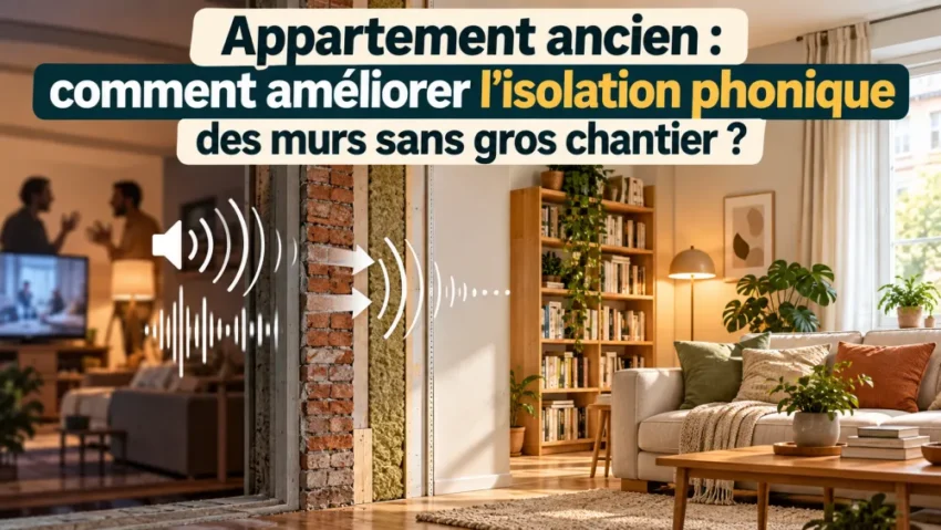 appartement ancien : comment améliorer l’isolation phonique des murs sans gros chantier ? 4 intérieur de salon avec mur partiellement ouvert montrant briques et isolation, canapé clair, bibliothèque et plantes, lumière chaude