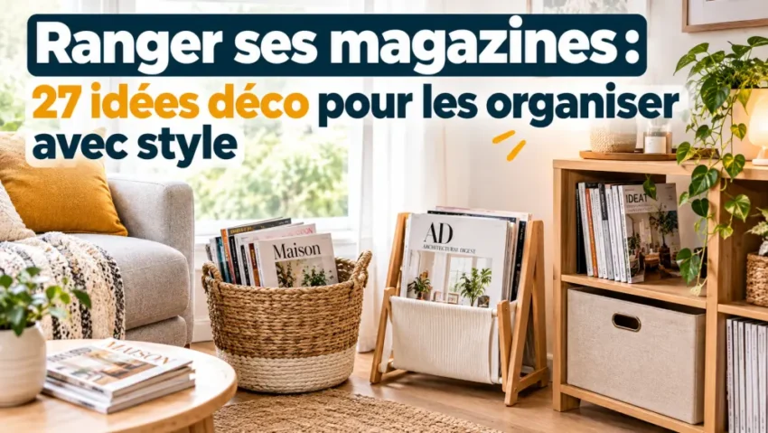 ranger ses magazines : 27 idées déco pour les organiser avec style 8 coin salon lumineux avec canapé gris et coussin orange, panier en osier rempli de magazines, porte-magazines en bois et étagère avec plantes d'intérieur.