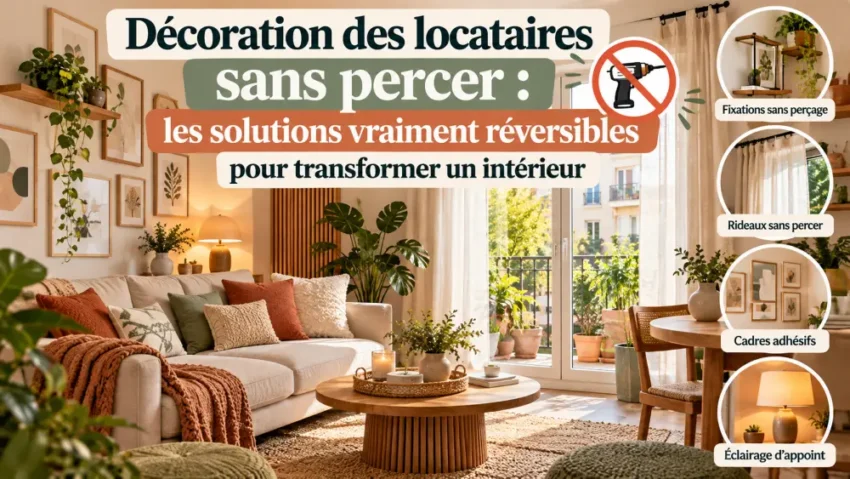 décoration des locataires sans percer : les solutions vraiment réversibles pour transformer un intérieur 3 salon lumineux avec canapé beige et coussins colorés, table basse ronde sur tapis, mur garni de plantes et grandes fenêtres donnant sur balcon