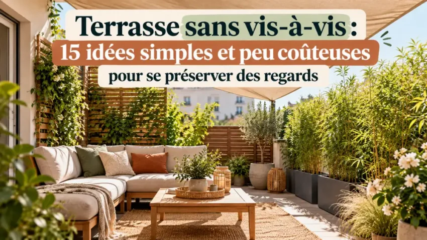 terrasse sans vis-à-vis : 15 idées simples et peu coûteuses pour se préserver des regards 5 terrasse ensolelee avec canape-d-angle beige, table basse en bois, de nombreuses plantes en pots et un grand bandeau texte en haut
